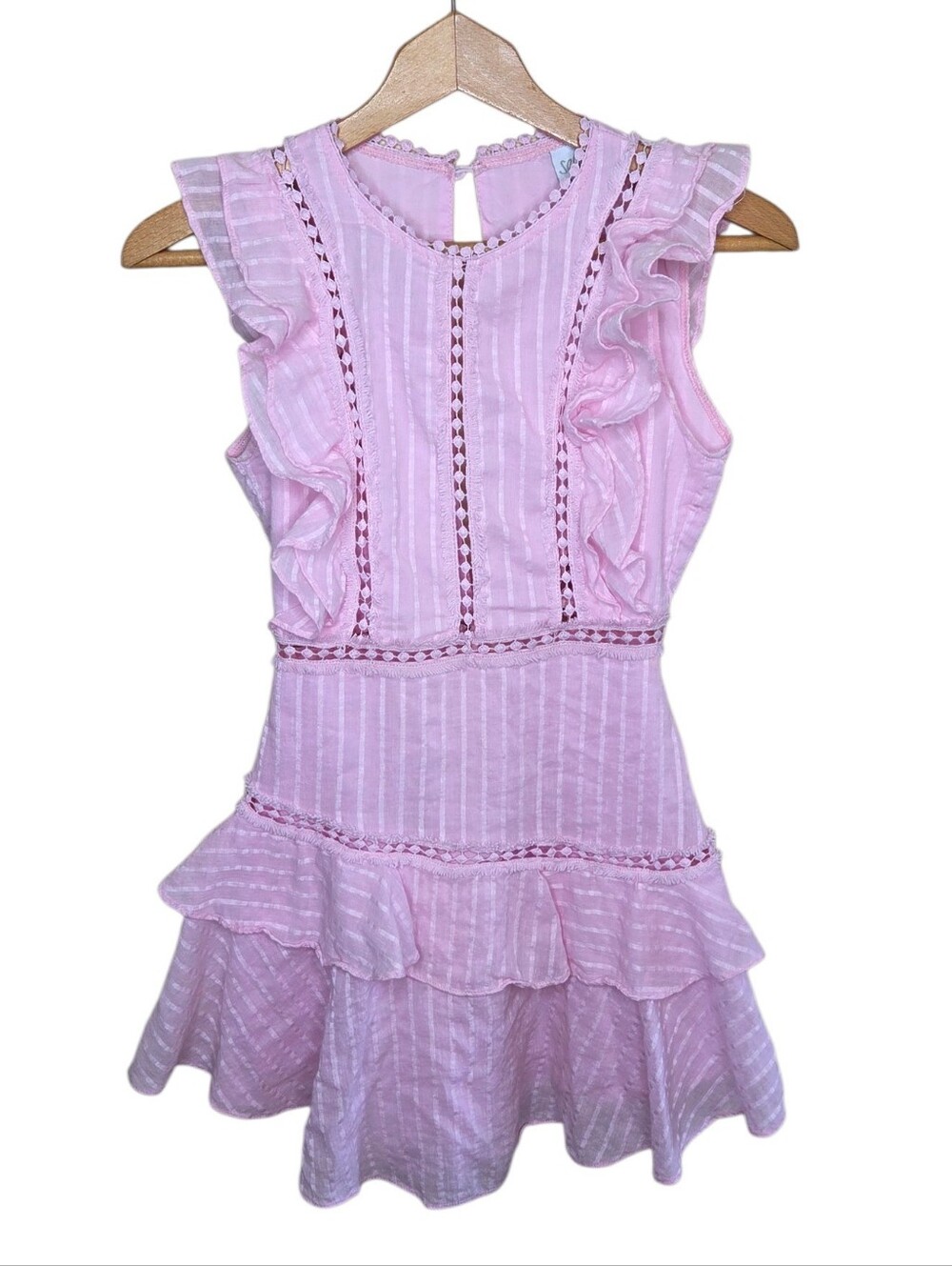 Selfie Leslie Pink Striped Ruffle Crochet Detail Mini Dress Size XS Coquette